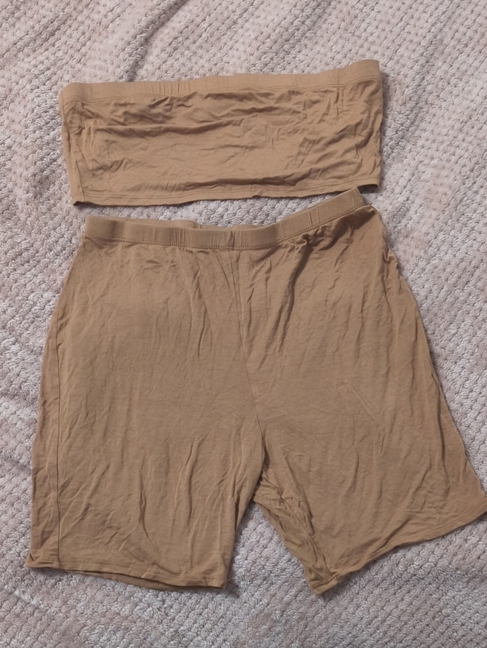 Fashion Nova Nude/Tan Bandeau Top & Bike Shorts Set